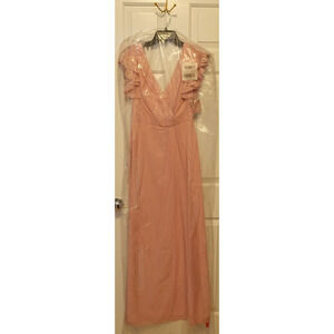 Dessy Collection 2874LS Sz 4 Shimmer V Neck‎ Wrap Maxi Dress Rose Gold New
